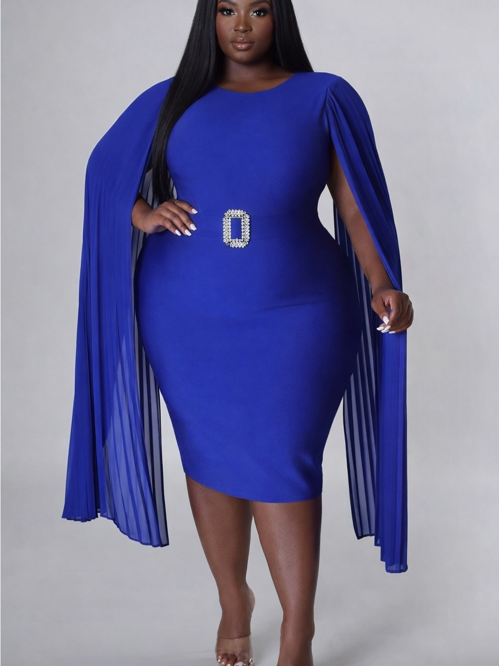Elegant Plus-Size Royal Blue Sheath Dress with Draped Cape